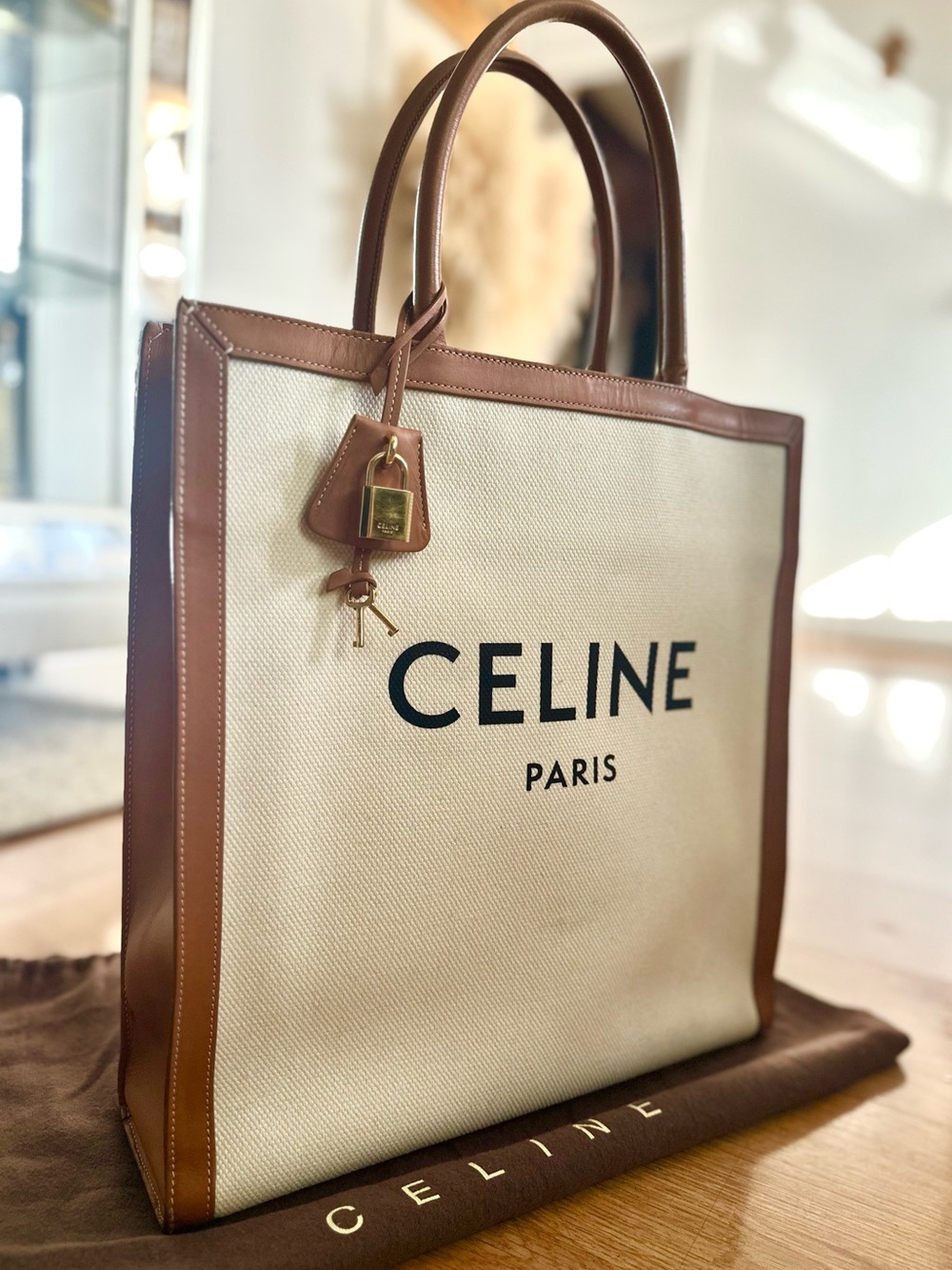 Celine Cream Canvas Tote with Brown Leather Trim